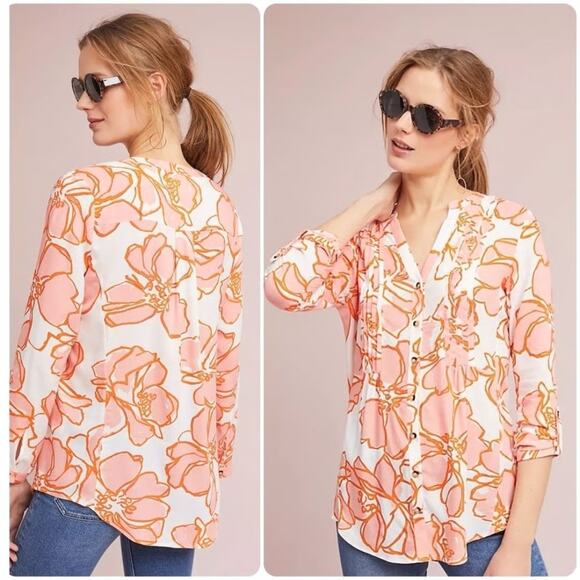 Maeve Anthropologie Floral Pintucked Button Front Blouse White And Orange Small - Picture 1 of 7